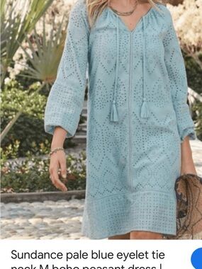 Sundance Pale Blue Eyelet Cotton Boho PeasantDress